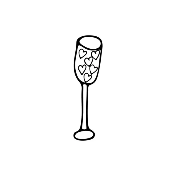 Verre Romantique Avec Des Cœurs Intérieur Doodle Icône Verre Vin — Image vectorielle