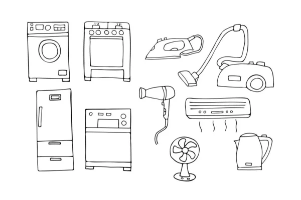 Doodle Household Appliances Icon Collection Vector Hand Drawn Household Appliances — Stock Vector