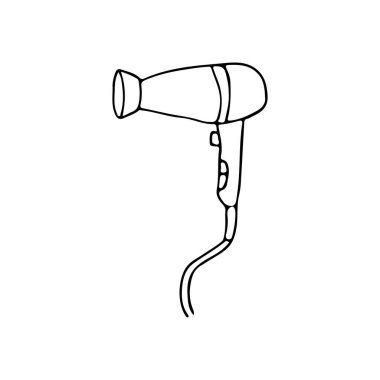Beyaz renkte izole edilmiş vektör şeklinde saç kurutma ikonu. Beyaz üzerine izole edilmiş vektör ile el çizimi saç kurutma simgesi