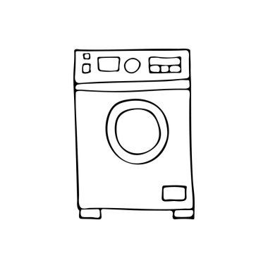 Beyaz üzerine izole edilmiş vektör içinde Doodle çamaşır makinesi simgesi. Beyaz üzerine izole edilmiş vektör içinde elle çizilmiş çamaşır makinesi simgesi