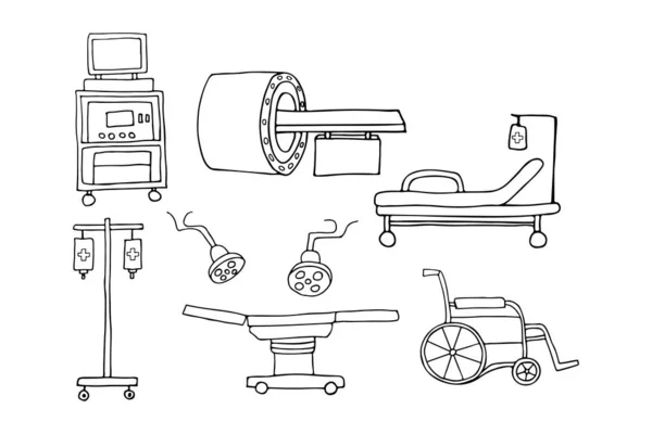 Equipamentos Hospitalares Coleção Ícones Doodle Conjunto Ícones Equipamento Hospitalar Conjunto —  Vetores de Stock