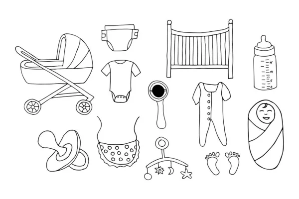 Colección Iconos Doodle Baby Stuffs Colección Iconos Dibujados Mano Conjunto — Vector de stock