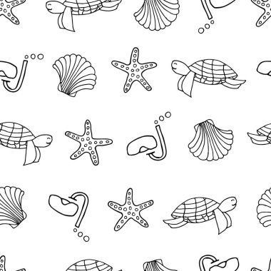 Beyaz arka planda vektör içinde kusursuz sualtı desenli tasarım. Elle çizilmiş su altı desen tasarımı