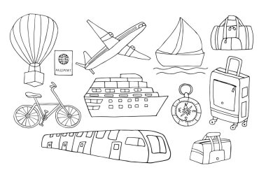 Vektör içinde karalama seyahat simgeleri koleksiyonu. Vektör içinde gezici simgelerin toplanması. Vektör olarak Doodle seyahat simgeleri ayarlandı
