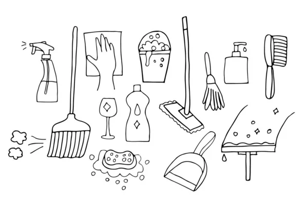 Doodle Home Cleaning Utensils Icons Set Vector Hand Drawn Home — Stock Vector