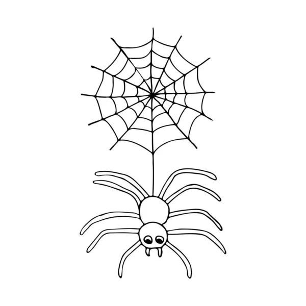 Spindel Med Spindelnät Doodle Spindel Illustration Med Spindelnät Vektor Handritad — Stock vektor