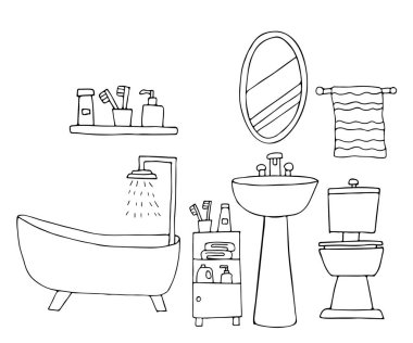 Banyo karalama çizimleri koleksiyonu. Vektör olarak el çizimi banyo simgeleri koleksiyonu. Karalama tuvalet simgeleri vektör olarak ayarlandı