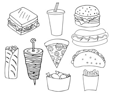 Fast food karalama ikonları vektör olarak ayarlandı. El çizimi fast food çizimleri. Fast food illüstrasyonlarını vektör içinde karala