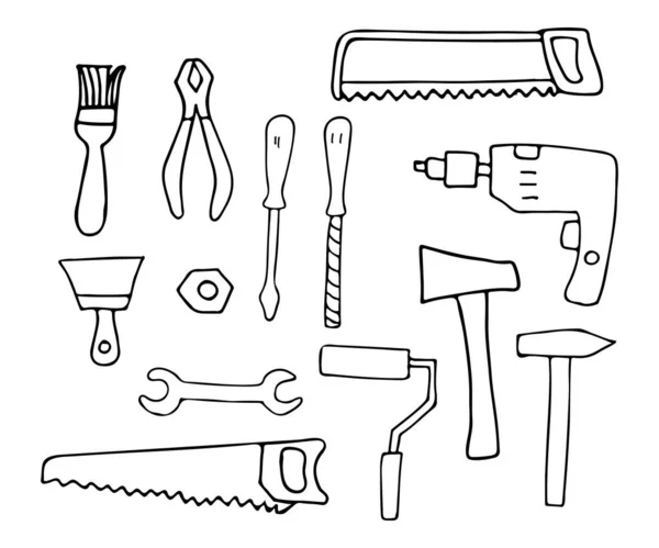 Strumenti Riparazione Icone Scarabocchiare Impostato Nel Vettore Disegnato Mano Riparazione — Foto Stock