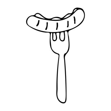 Sosis ve çatal karalama çizimi. Elle çizilmiş sosis çizimi.