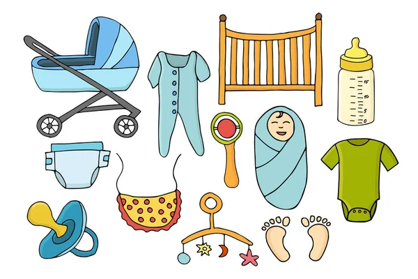 Bunte Flache Babysachen Illustrationen Sammlung Illustrationssatz Von Babynahrung — Stockvektor