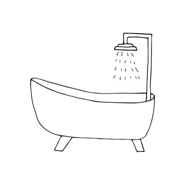 Duş karalamalarıyla dolu bir banyo. Elle çizilmiş banyo ikonu vektör içinde duş