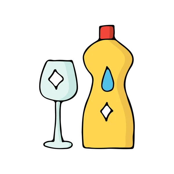 Ilustração Plana Garrafa Detergente Copo Vinho Ilustração Doodle Colorido Garrafa — Vetor de Stock