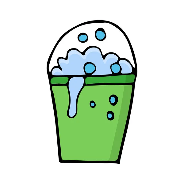 Colorido Doodle Ilustración Jabón Cubo Limpieza Con Espuma Burbujas Icono — Vector de stock