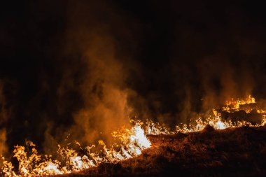 Baharda geceleri bir tarlada yanan otlar.