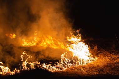 Baharda geceleri bir tarlada yanan otlar.