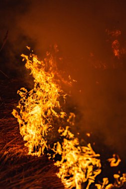 Baharda geceleri bir tarlada yanan otlar.