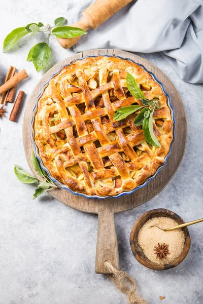 Torta Mele Con Reticolo Superiore Sfondo Legno Tavolo Vista Dall — Foto Stock