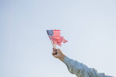 Vatansever kıdemli adam 4 Temmuz 'da elinde ulusal bayrağıyla Amerika' nın bağımsızlığını kutluyor. Anayasa ve Vatandaşlık Günü. Ulusal Büyükanne ve Büyükbaba Günü