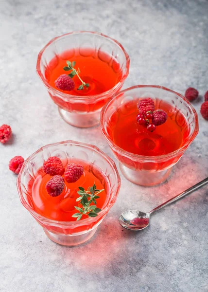 Raspberry Jelly Garnished Fresh Raspberries Thyme Light Background — Stock Photo, Image