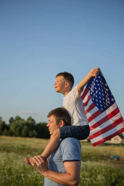 Little Boy Lets American Flag Fly His Hands Wind Green — Stock Photo, Image