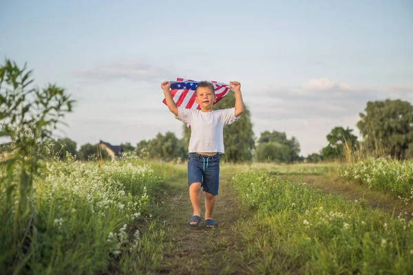 Fiatal Fiú Éves Kezében Egy Amerikai Zászló Naplementekor Mező — Stock Fotó