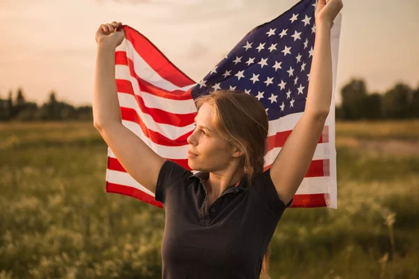 Girl American Flag Runs Nature Sunset Independence Day Usa Patriot — Stock Photo, Image