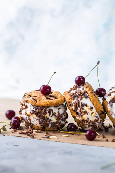 cherry ice cream sandwiches with chocolate chip cookies