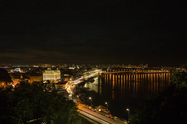 Beautiful View Dnieper River Naberezhno Kreschatitska Street Kiev Ukraine Night — Stock Photo, Image