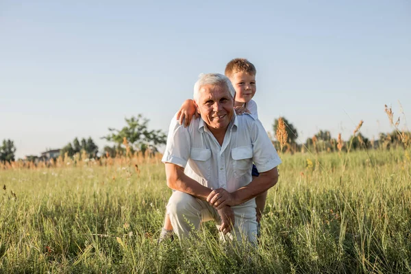 Büyükbabasıyla Çayırda Oynayan Mutlu Bir Çocuk Büyükbaba Emekli Oldu Emeklilik — Stok fotoğraf