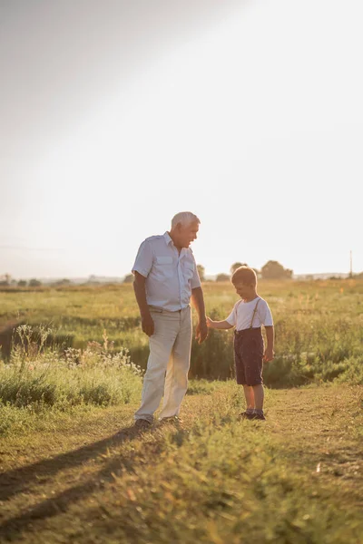 Feliz Sênior Homem Vovô Com Bonito Menino Neto Jogar Campo — Fotografia de Stock