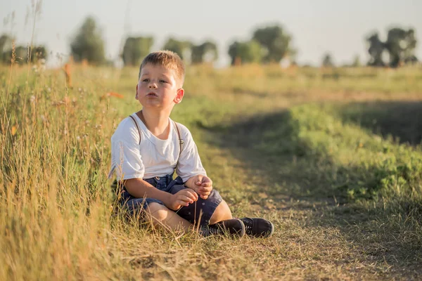 Lindo Chico Años Camina Campo Atardecer Retrato Niño Pelo Rubio —  Fotos de Stock