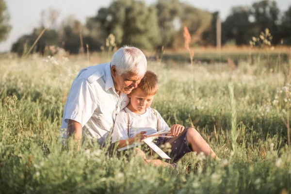 Büyükbaba Torununun Meadow Kitap Okurken Çekilmiş Bir Fotoğrafı Küçük Çocuk — Stok fotoğraf