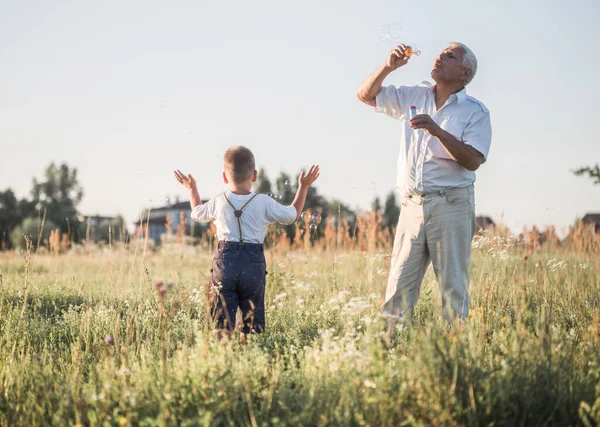 Feliz Avô Mais Velho Com Neto Menino Bonito Jogando Campo — Fotografia de Stock