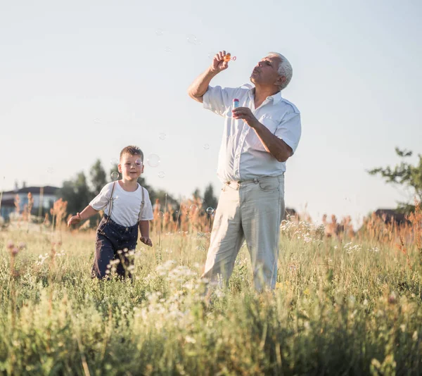 Feliz Avô Mais Velho Com Neto Menino Bonito Jogando Campo — Fotografia de Stock