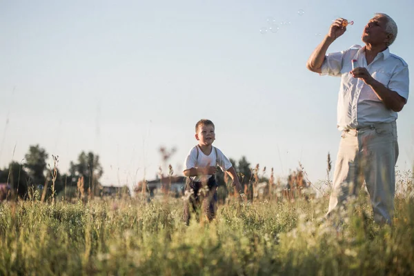 Feliz Avô Mais Velho Com Neto Menino Bonito Jogando Campo — Fotografia de Stock