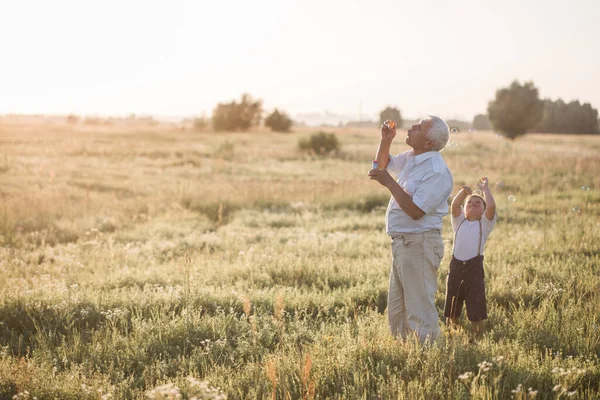 Feliz Avô Mais Velho Com Neto Menino Bonito Jogando Campo — Fotografia de Stock