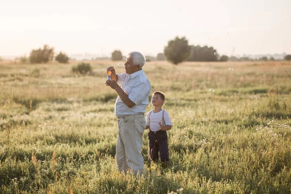 Sahada oynayan tatlı bir torunu olan mutlu bir büyükbaba. Mutlu çocuk dedem dışarıda oynuyor.