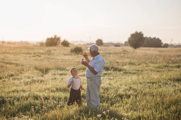 Feliz Avô Mais Velho Com Neto Menino Bonito Jogando Campo — Fotografia de Stock