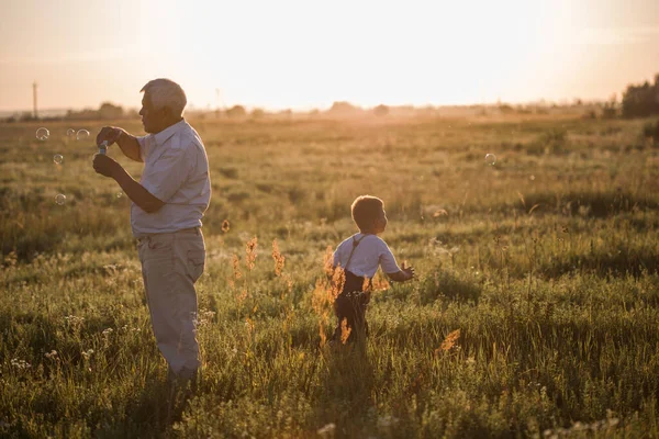 Hombre Mayor Feliz Abuelo Con Lindo Nieto Niño Jugando Campo —  Fotos de Stock