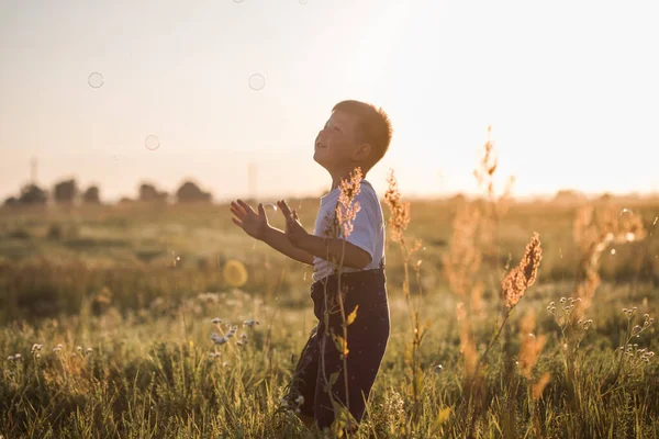興奮した子供が泡を楽しんでいる間 男の子は石鹸泡を吹いています 牧草地で幸せな子供 — ストック写真
