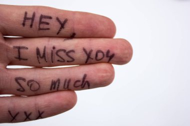 Hey, i miss you so much lettering on human hand - valentines concept clipart