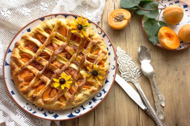 Ahşap arka planda kafesli elmalı turta, masa üstü manzaralı. Kırsal Amerikan Dişlek Keki