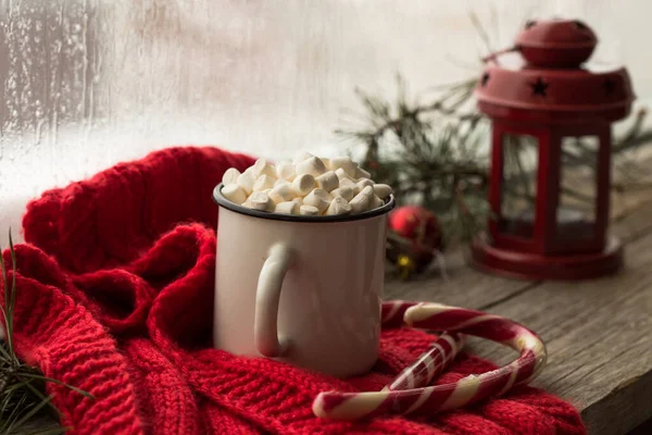 Winter Hot Christmas Chocolate Cocoa Marshmallow Decorations — Stock Photo, Image