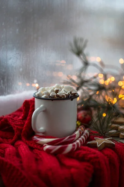 Winter Hot Christmas Chocolate Cocoa Marshmallow Decorations — Stock Photo, Image