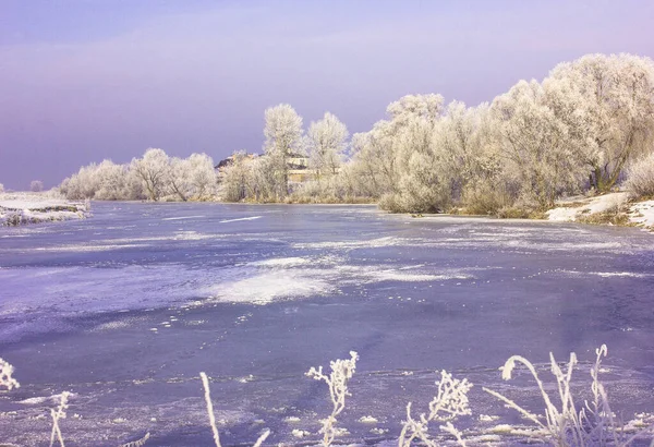 Gyönyörű Téli Táj Havas Fákkal Rét Folyó Télen — Stock Fotó