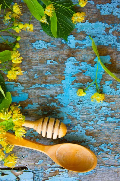 Flores Tilo Mesa Madera Azul Foto Con Espacio Copia —  Fotos de Stock