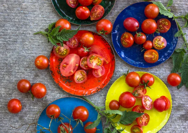 Vários Tomates Coloridos Mesa Vista Superior Espaço Cópia — Fotografia de Stock