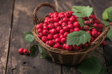 Tahta bir masanın üzerinde duran sepetteki taze dikenli kırmızı böğürtlenler. Boşluğu kopyala.