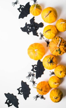 Pastel beyaz arka planda cadılar bayramı dekorasyonu çerçevesi. Turuncu balkabakları, ürkütücü örümcekler, yarasalar, böcekler yatıyordu. Kopyalama alanı olan üst görünüm. Tatil tebrik kartı modeli..